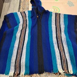 Blue Striped Hooded Poncho. Vintage . One size